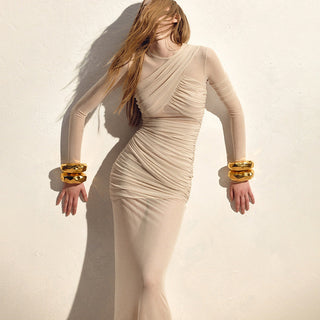 Long Asymmetric Sheer Mesh Dress with Draped Ruched Skirt