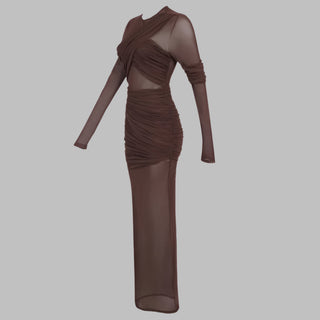 Long Asymmetric Sheer Mesh Dress with Draped Ruched Skirt