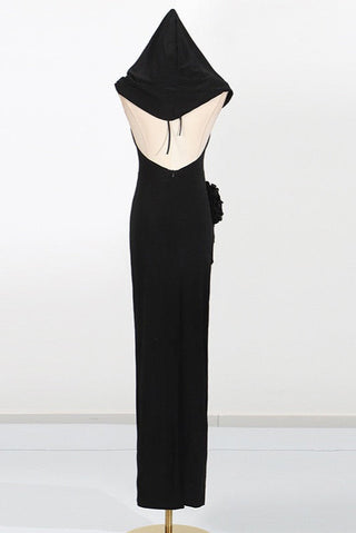 Long Sleeveless Halter Neck Dress with Rosette Detail in Stretch Fabric