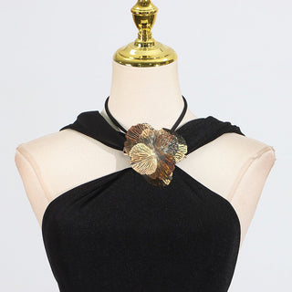 Long Sleeveless Halter Neck Dress with Rosette Detail in Stretch Fabric