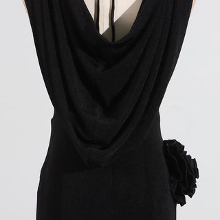 Long Sleeveless Halter Neck Dress with Rosette Detail in Stretch Fabric