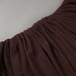 Long Asymmetric Sheer Mesh Dress with Draped Ruched Skirt