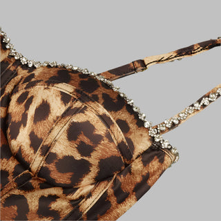Leopard Print Corset Midi Dress with Crystal Straps