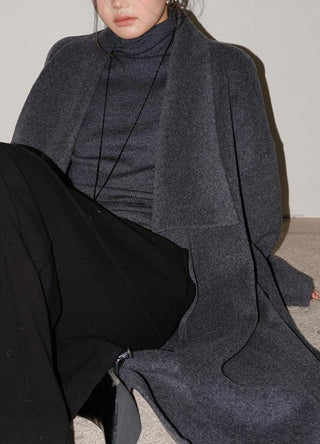 Oversized Cashmere Coat - Long Sleeve Belted Wrap Coat