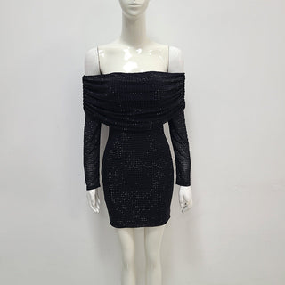 Pink Glamour Off-Shoulder Long Sleeve Sparkle Mini Dress