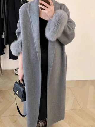 Luxury Double-Sided Wool Long Coat with Detachable Fur Sleeves