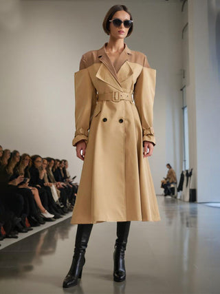 Long Sleeve Khaki Trench Coat with Belt - Slim Fit Women's Outerwear