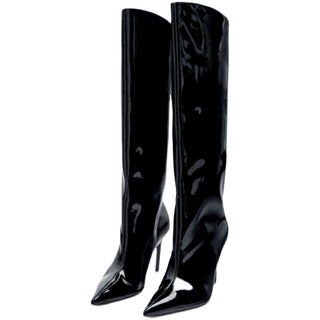 Glossy High-Shine Patent Leather Pointed Toe Knee Boots