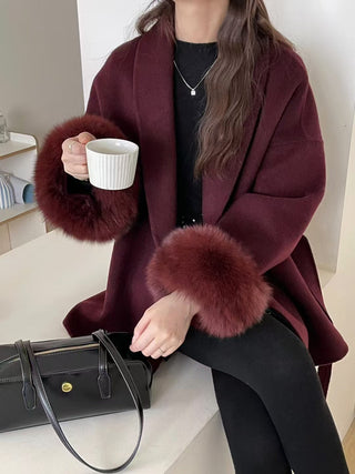 Double-Faced Wool Coat with Fur Cuffs - Mid-Length, Belted Wrap Coat
