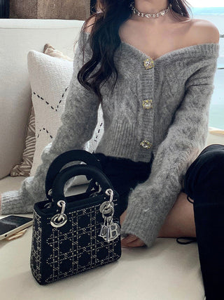 Luxury Off-Shoulder Mohair Cardigan with Crystal Button Accents