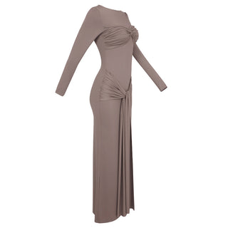 Long Sleeve Knotted Maxi Dress - Sexy Round Neck Ribbon Detail