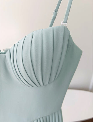 Mint Green Strapless Maxi Dress with Pleated Skirt and Sweetheart Bodice