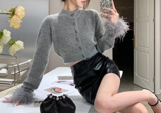 Luxe Feather Cuff Wool Cardigan - Grey Mohair French Knit Top