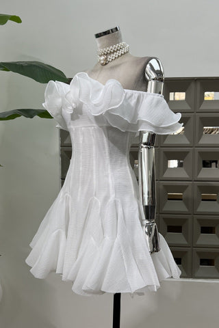 Off-Shoulder Mini Dress with Ruffle Trim and Flared Skirt