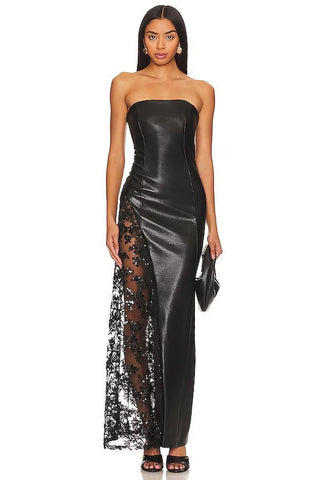 Elegant Strapless Faux Leather Gown with Lace Detail