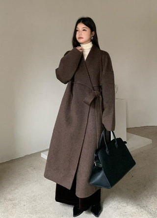 Oversized Cashmere Coat - Long Sleeve Belted Wrap Coat