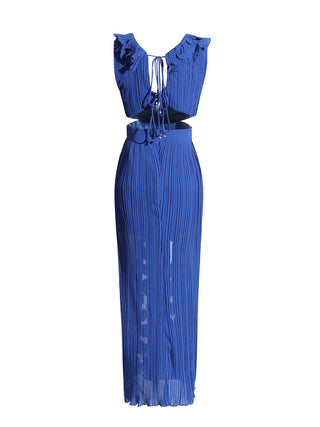 Plunge Ruffle Pleated V Neck Long Dress