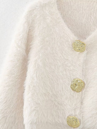 Long Sleeve Fluffy Knit Cardigan with Gold Button Detail