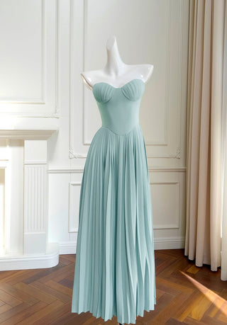 Mint Green Strapless Maxi Dress with Pleated Skirt and Sweetheart Bodice