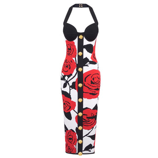 Marylin Halter Backless Flower Midi Dress
