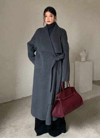 Oversized Cashmere Coat - Long Sleeve Belted Wrap Coat