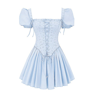 Puff Sleeve Light Blue Back Tie  Corset Mini Dress