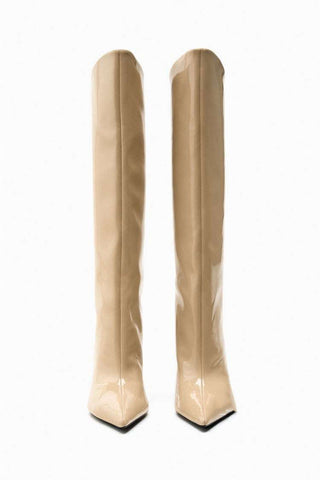 Glossy High-Shine Patent Leather Pointed Toe Knee Boots