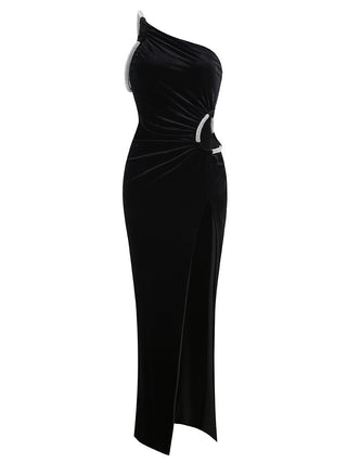 One Shoulder Rhinestone Velvet Long Dress