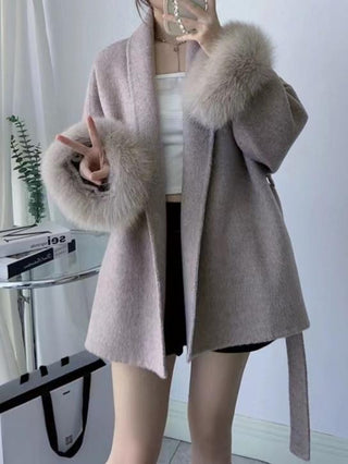 Double-Faced Wool Coat with Fur Cuffs - Mid-Length, Belted Wrap Coat