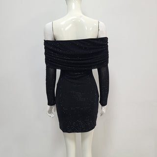 Pink Glamour Off-Shoulder Long Sleeve Sparkle Mini Dress