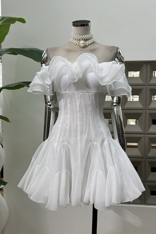 Off-Shoulder Mini Dress with Ruffle Trim and Flared Skirt