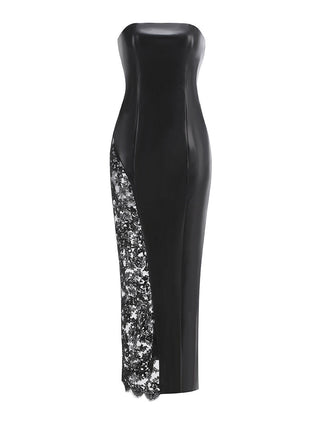 Elegant Strapless Faux Leather Gown with Lace Detail