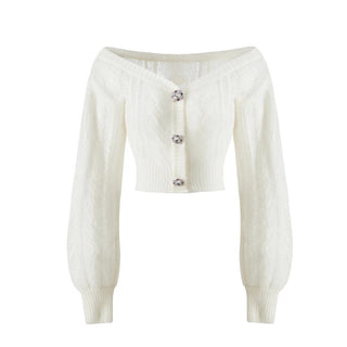 Luxury Off-Shoulder Mohair Cardigan with Crystal Button Accents