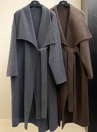 Oversized Cashmere Coat - Long Sleeve Belted Wrap Coat