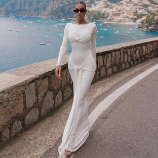 Long Sleeve Knotted Maxi Dress - Sexy Round Neck Ribbon Detail