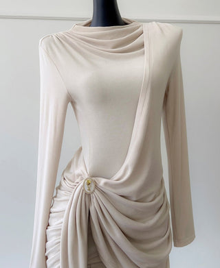 Cream Long-Sleeve Draped Mini Dress with Rhinestone Detail