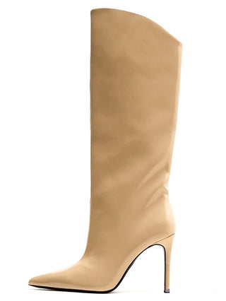 Glossy High-Shine Patent Leather Pointed Toe Knee Boots