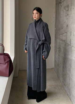 Oversized Cashmere Coat - Long Sleeve Belted Wrap Coat