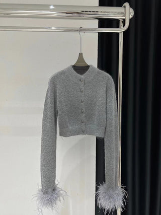 Luxe Feather Cuff Wool Cardigan - Grey Mohair French Knit Top