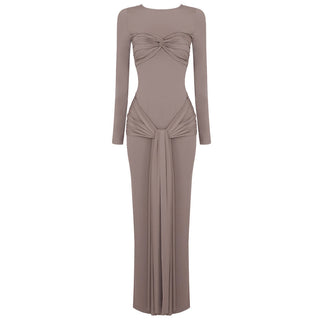 Long Sleeve Knotted Maxi Dress - Sexy Round Neck Ribbon Detail