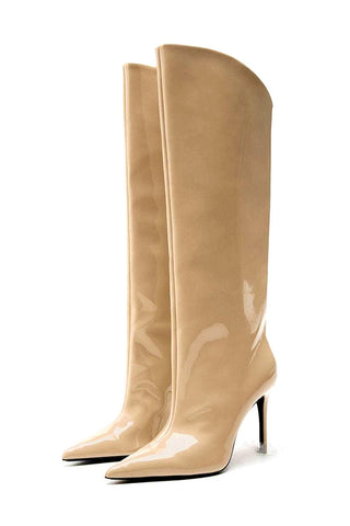 Glossy High-Shine Patent Leather Pointed Toe Knee Boots