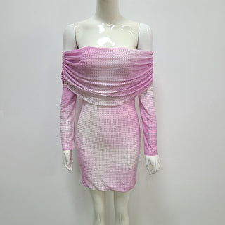 Pink Glamour Off-Shoulder Long Sleeve Sparkle Mini Dress