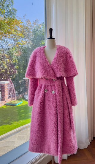 Pink Faux Fur Midi Coat with Oversized Collar