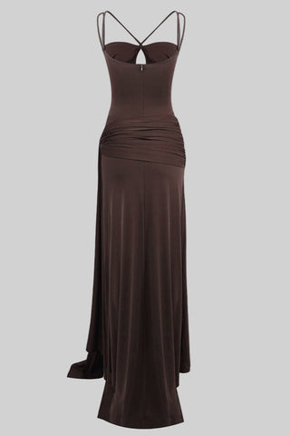 Mocha Draped Sleeveless Backless Long  with Double Straps & Thigh-High Slit