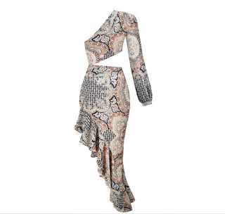 One-Shoulder Long Sleeve  Slit Long Dress