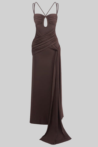 Mocha Draped Sleeveless Backless Long  with Double Straps & Thigh-High Slit