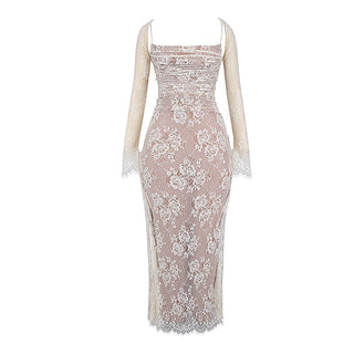 Elegant Long Sleeve Mesh Long Dress