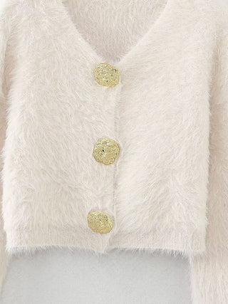 Long Sleeve Fluffy Knit Cardigan with Gold Button Detail