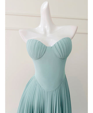 Mint Green Strapless Maxi Dress with Pleated Skirt and Sweetheart Bodice
