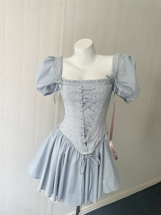 Puff Sleeve Light Blue Back Tie  Corset Mini Dress